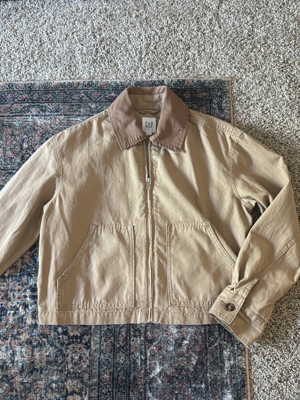GAP Men's Tan Cotton Zip Jacket with Brown Collar